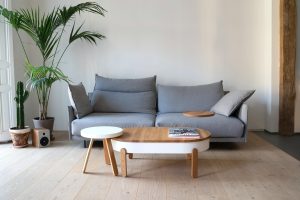gray and white sofa beside brown wooden table