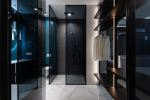 Wardrobe and bathroom with glass walls in modern bedroom