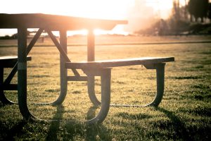 grey picnic table on grass field during sunset