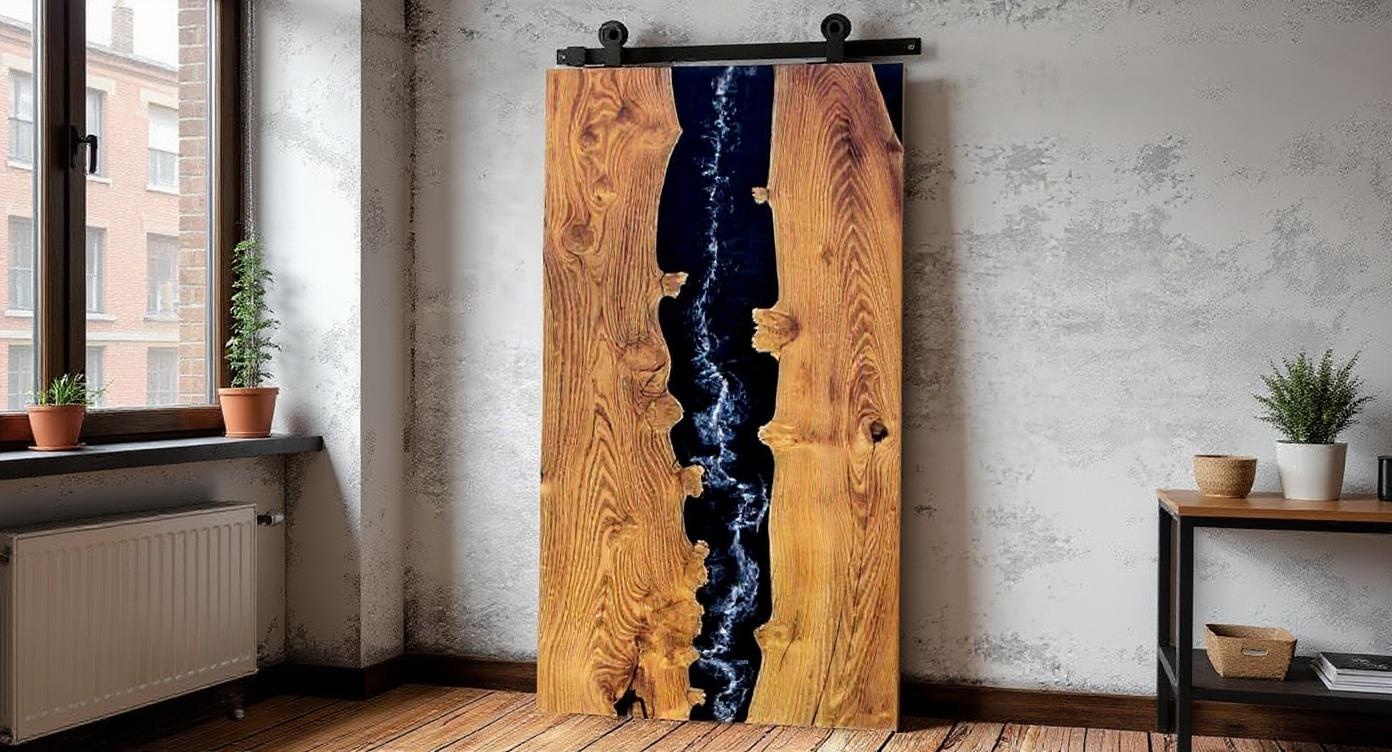 Eichenholz-Schiebetür mit faszinierendem Epoxidharz-Design