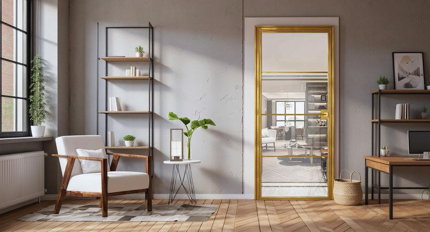 Elegante Loft-Drehwand mit Goldakzenten aus Stahl und Glas