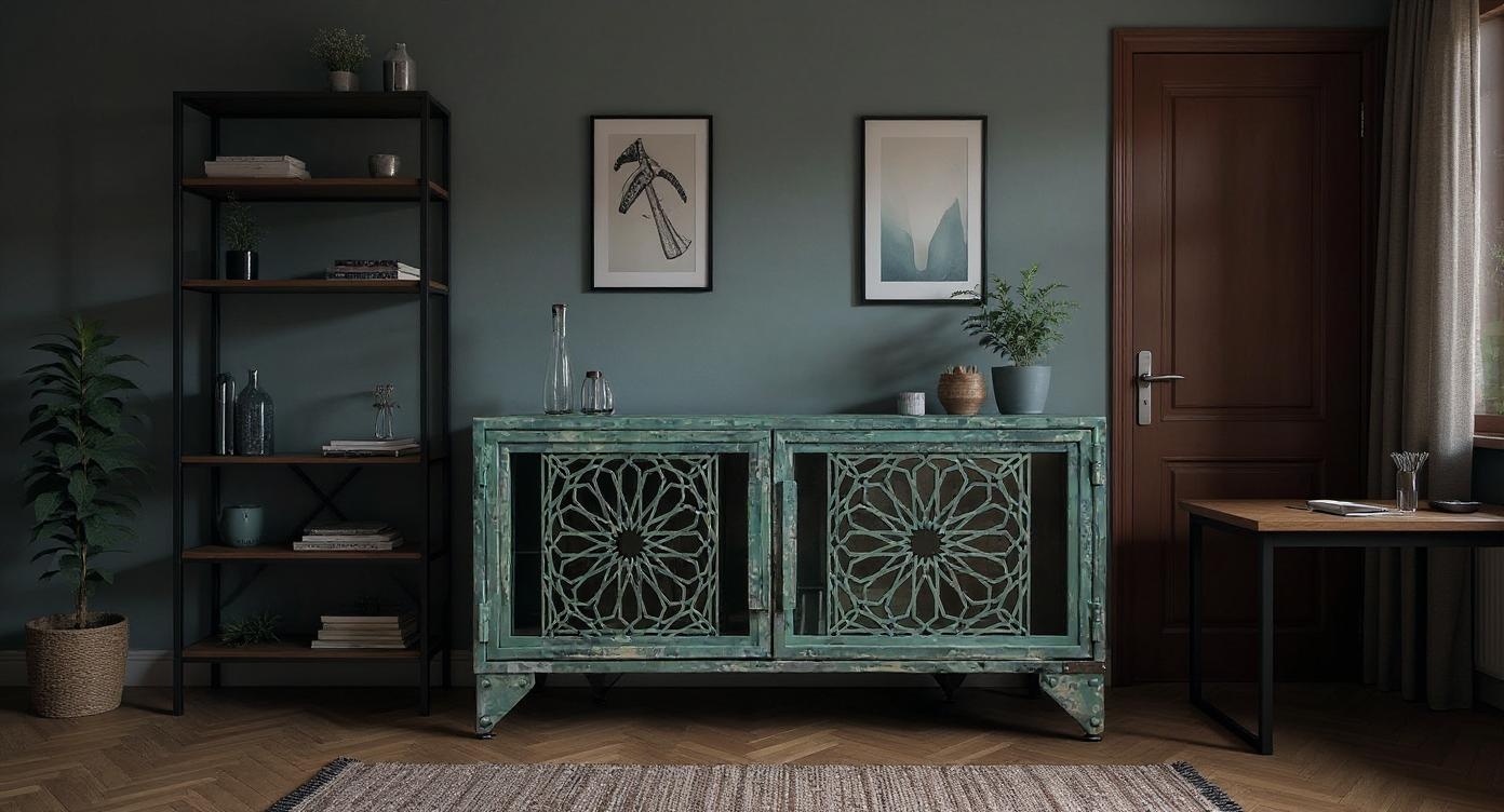 Patina Loft-Kommode aus Stahl, Glas & Holz