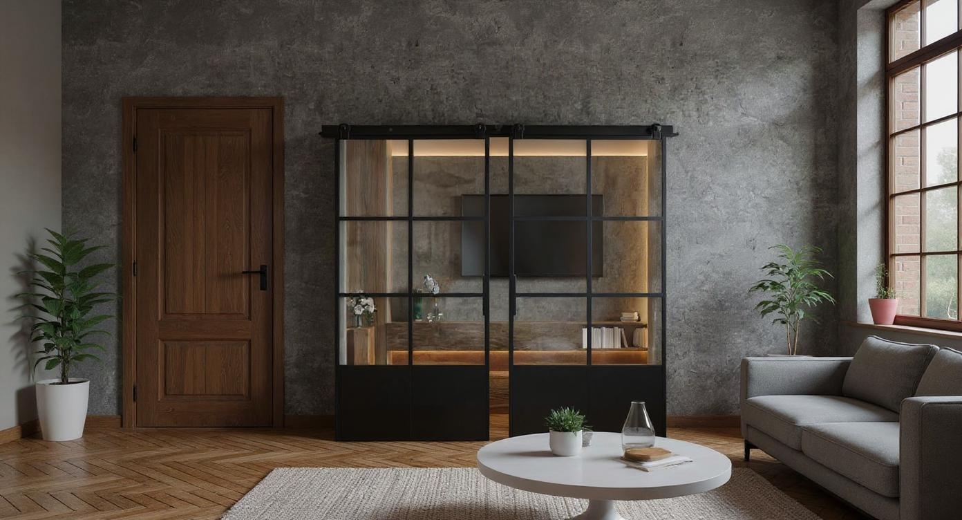 Industrielle Doppelschiebetür aus Stahl und Glas für modernes Loft-Feeling
