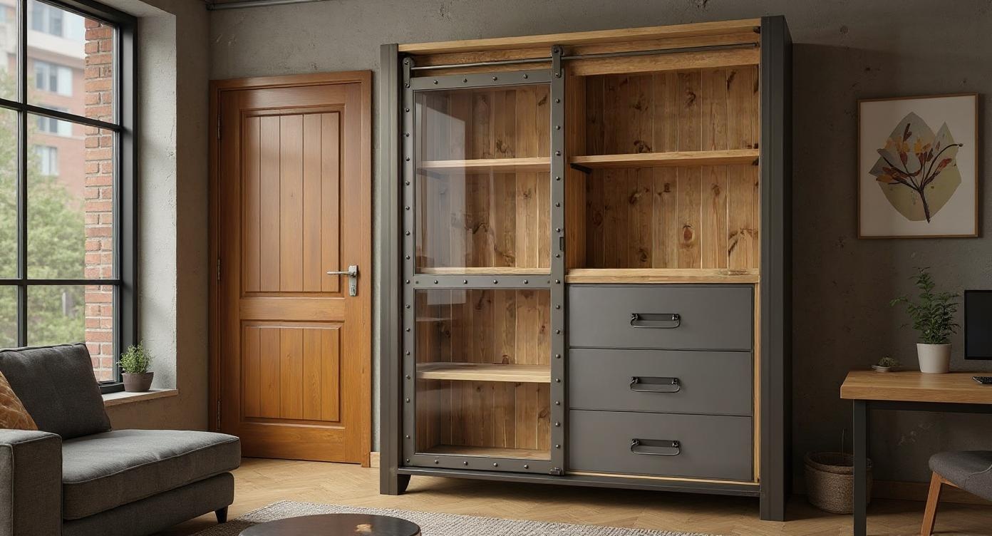 Industrielle Holzstahl-Vitrine mit Glasfront
