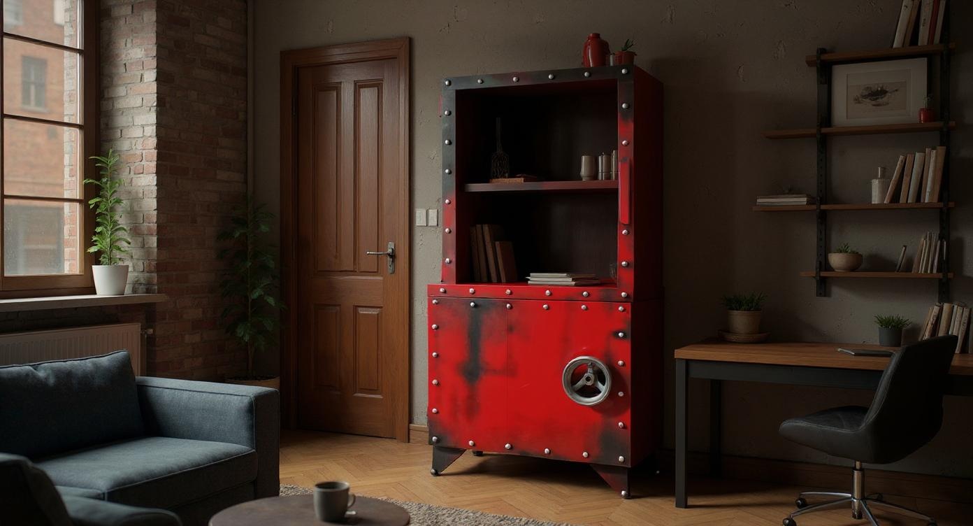 Industrielle Stahl-Vitrine mit Glasfront in trendigem Design