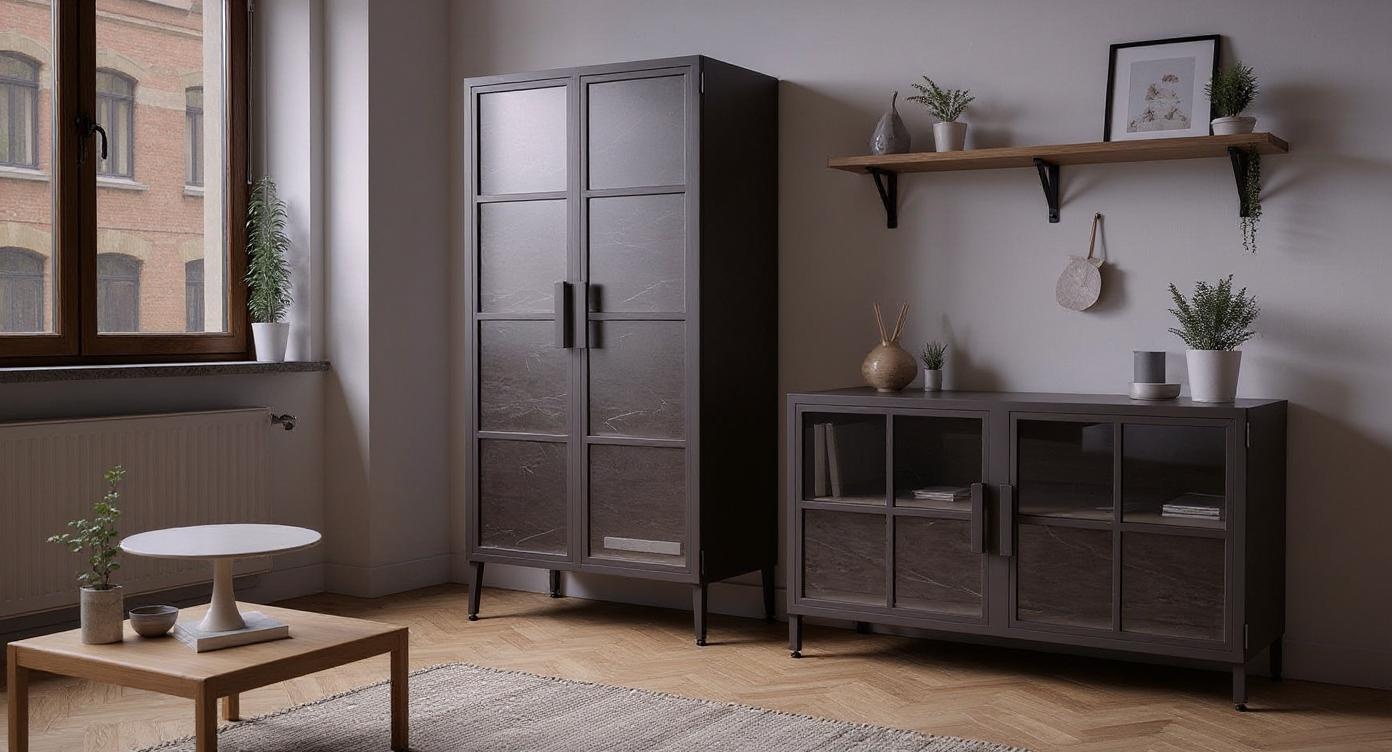 Industrielle Stahlkommode mit künstlerischer Lackierung