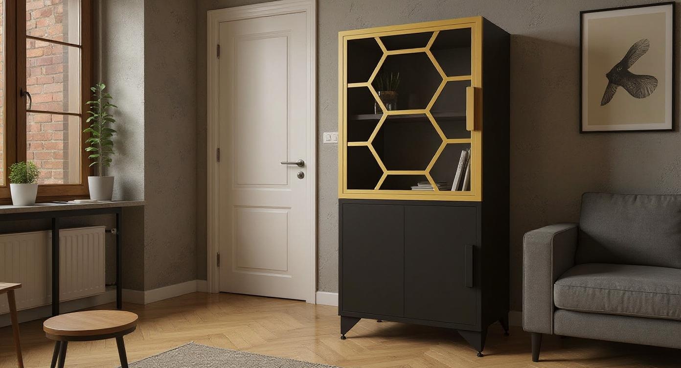 Industrielle Vitrine aus Stahl und Glas mit künstlerischer Oberfläche