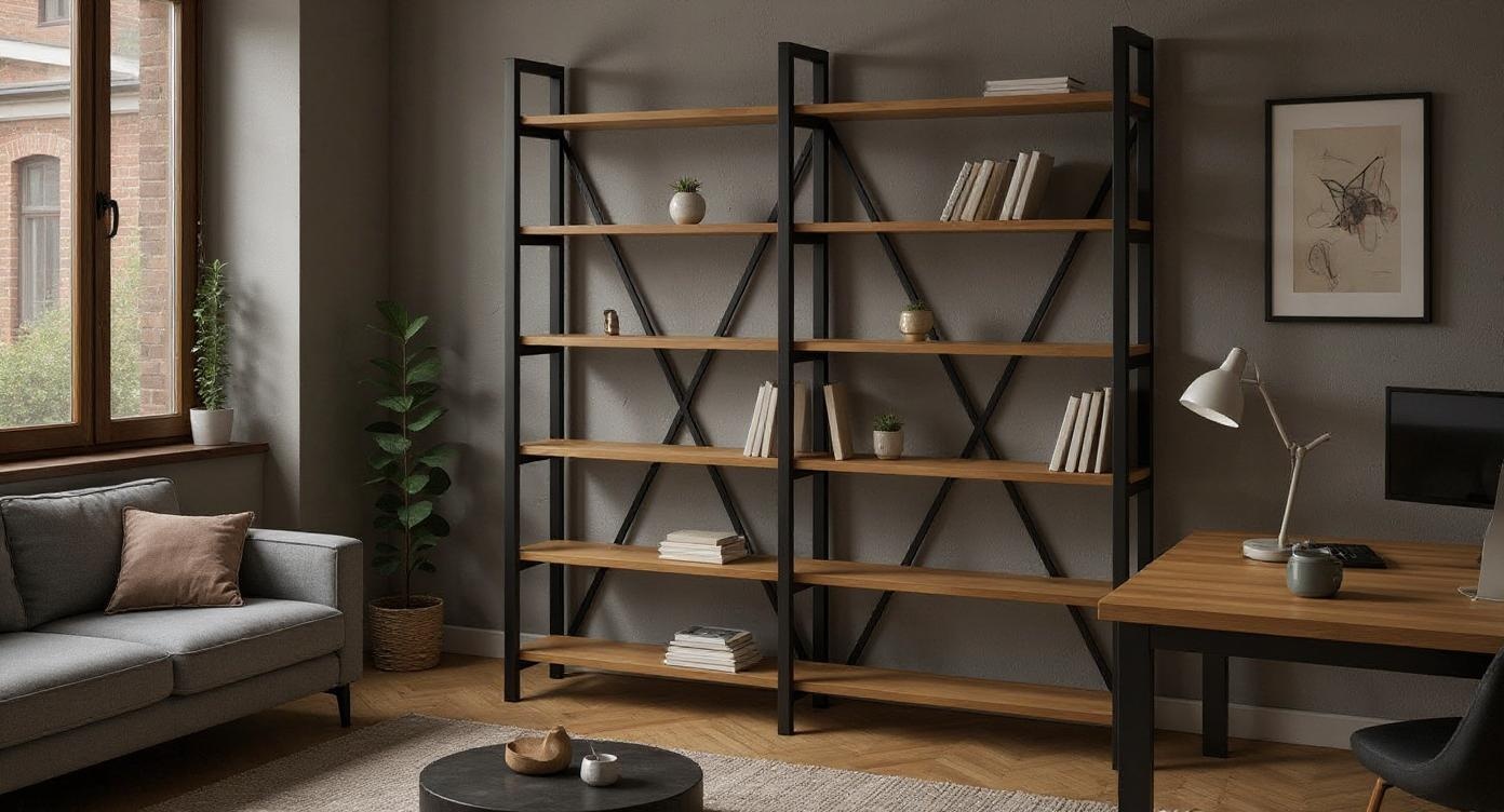 Industrielles Bücherregal aus Stahl und Eichenholz, vielseitig & langlebig
