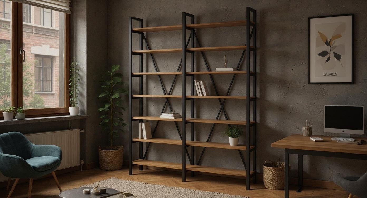 Industrielles Bücherregal aus Stahl und Eichenholz mit robustem Design