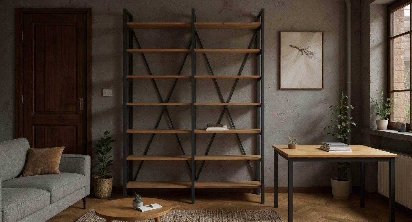 Industrielles Bücherregal aus Stahl und Eichenholz mit flexiblem Stecksystem