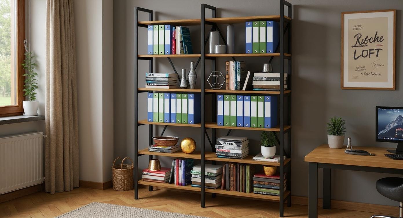 Industrielles Büro- und Wohnregal aus Stahl und Eichenholz