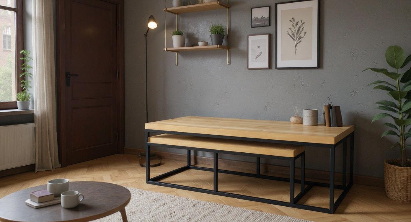 Industrielles Couchtisch-Set aus Eichenholz & Stahl