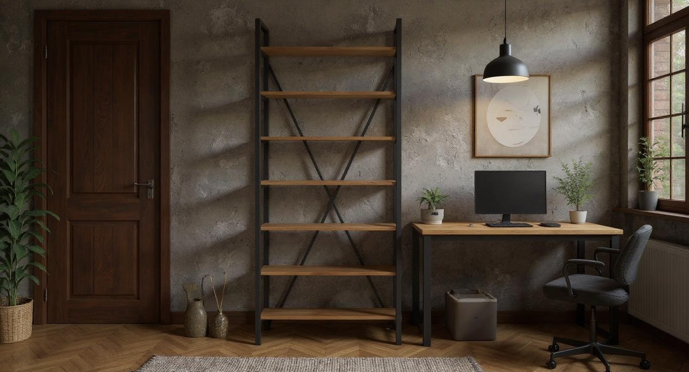Industrielles Handgefertigtes Regal aus Stahl und Eichenholz für modernes Wohnen