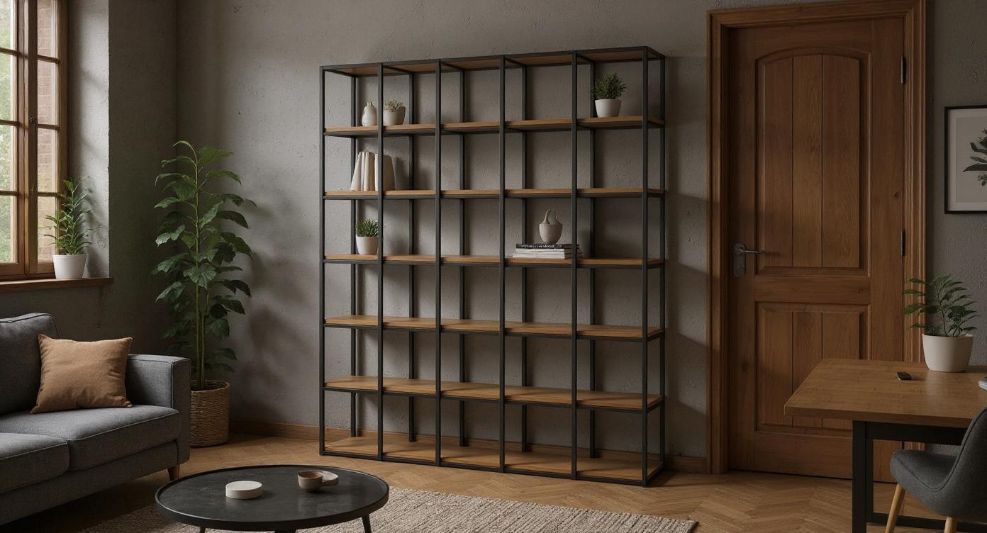 Massives Eichenholz-Regal im Industriestil mit robustem Stahlrahmen