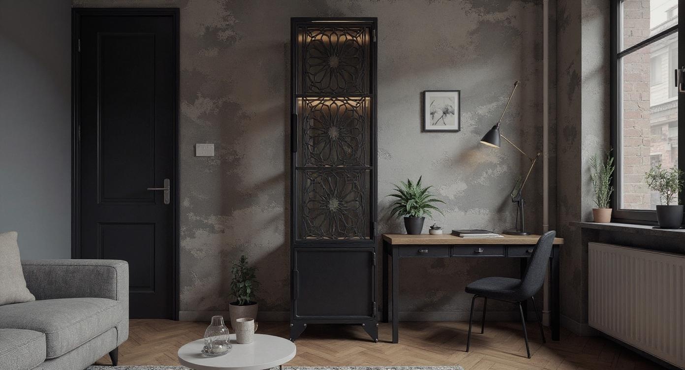 Moderner Vitrinenschrank aus Stahl, Glas und Holz im Loft-Design