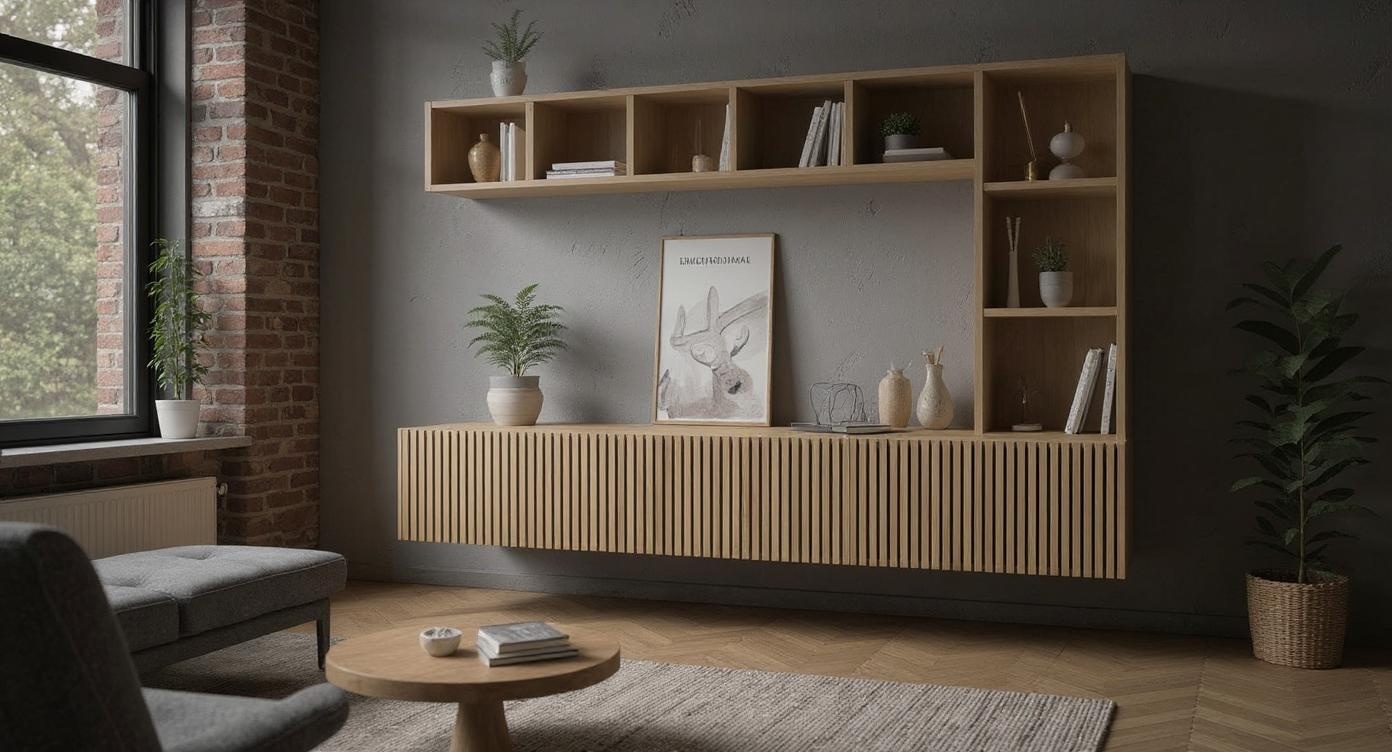 Modernes Lowboard mit vielfältigen Oberflächen und flexiblem Stauraum