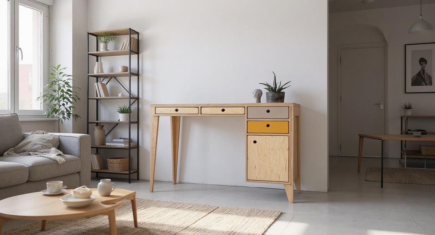 Modischer Skandi-Schreibtisch mit asymmetrischem Design und großzügigem Stauraum