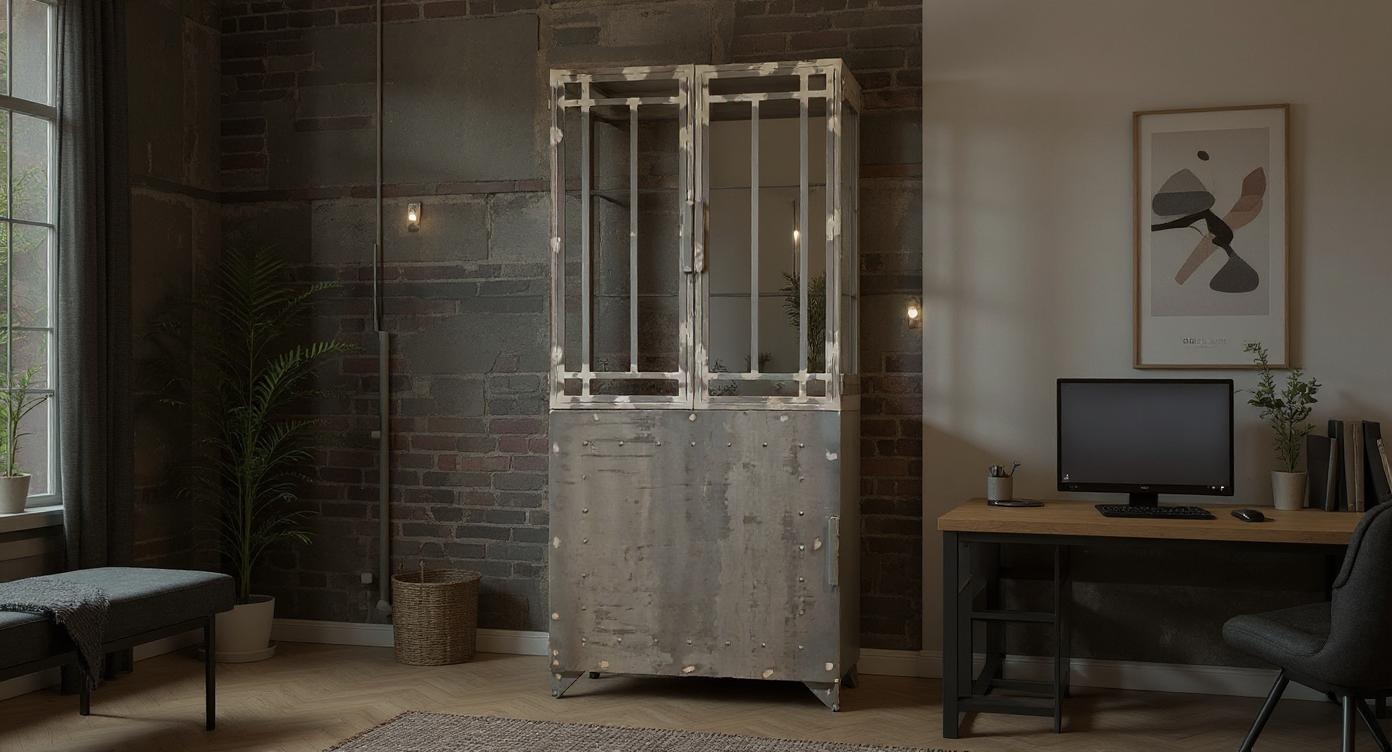 Robuste Stahl-Vitrine im angesagten Industrial-Design mit Glasfront