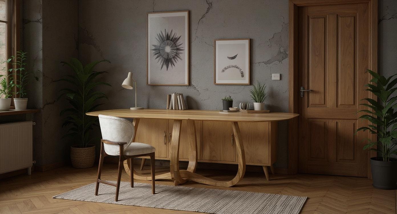 Robuster Eichenholz-Tisch mit markanter Form