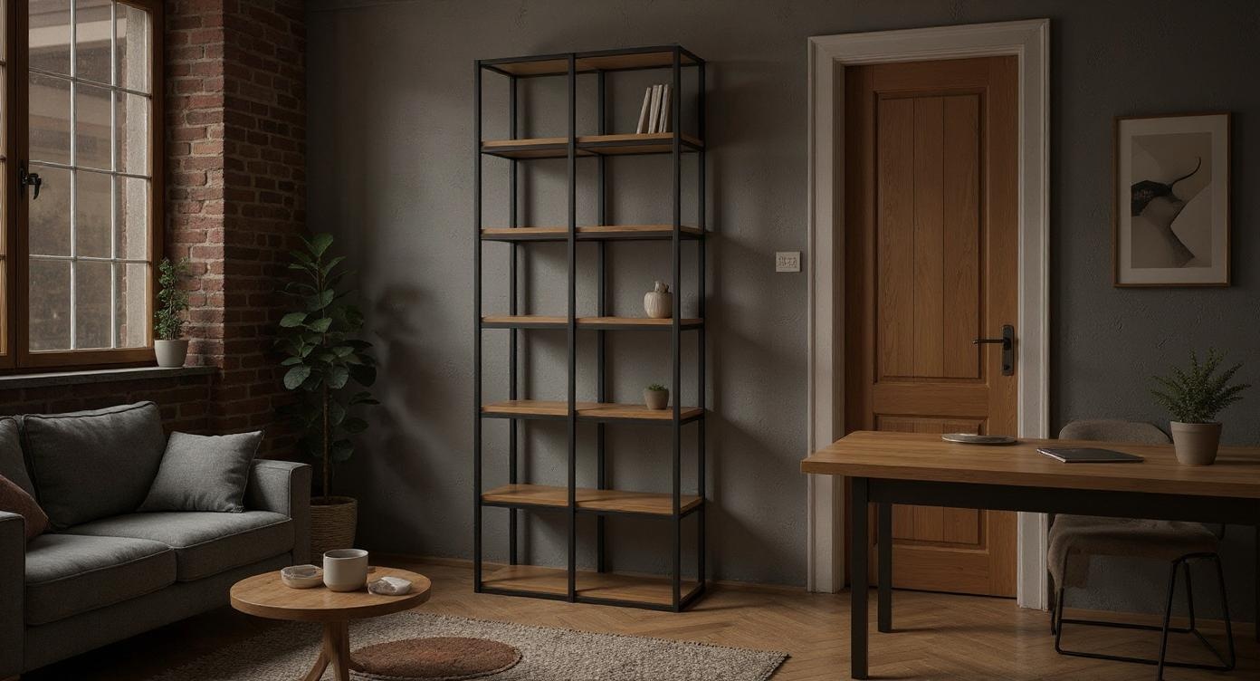 Robustes Eichenholz-Regal im Industriestil für Bücher und Akten