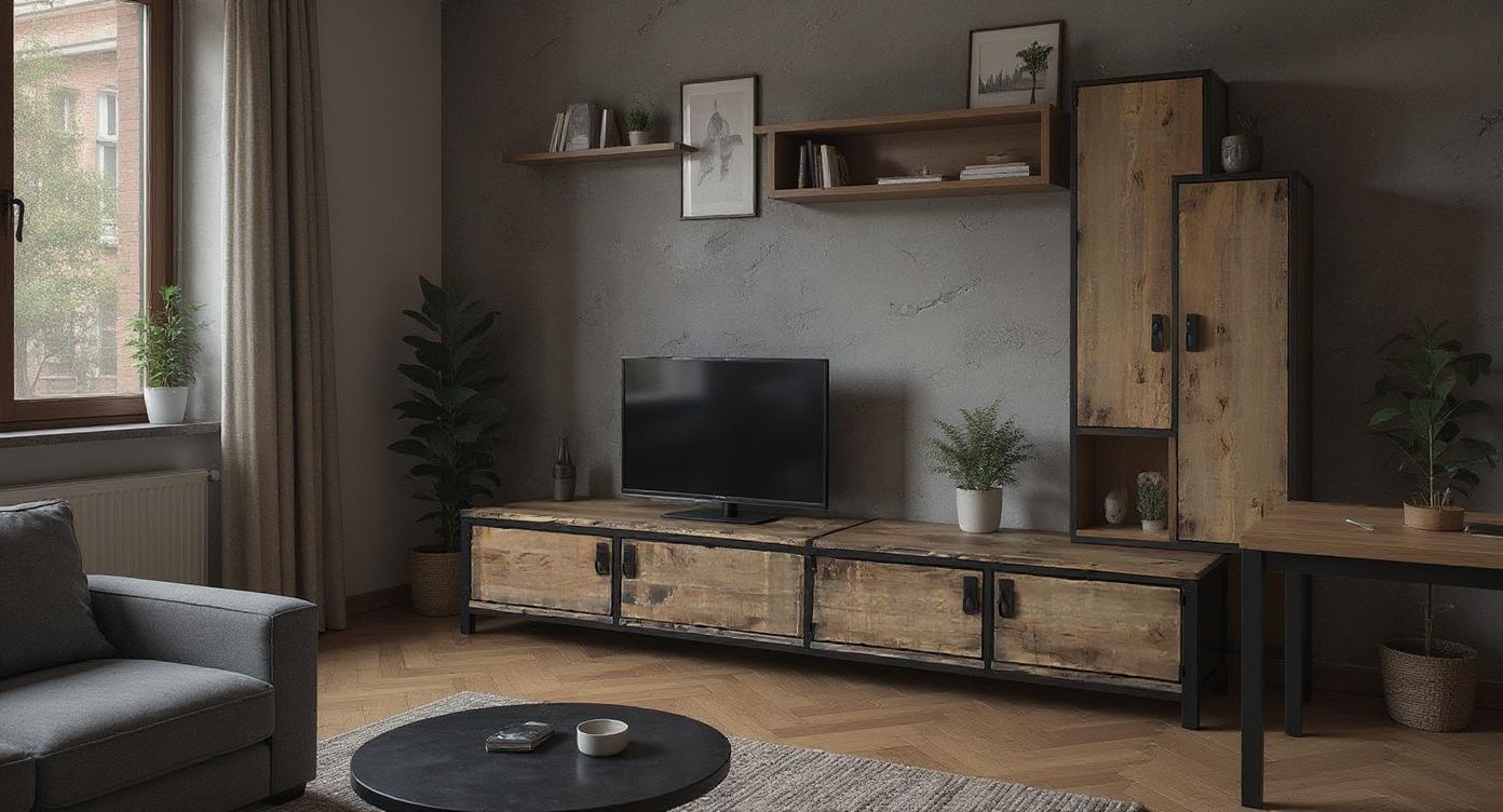 Robustes Eichenholz- und Stahl-Lowboard für moderne Loft- und Industrial-Interieurs