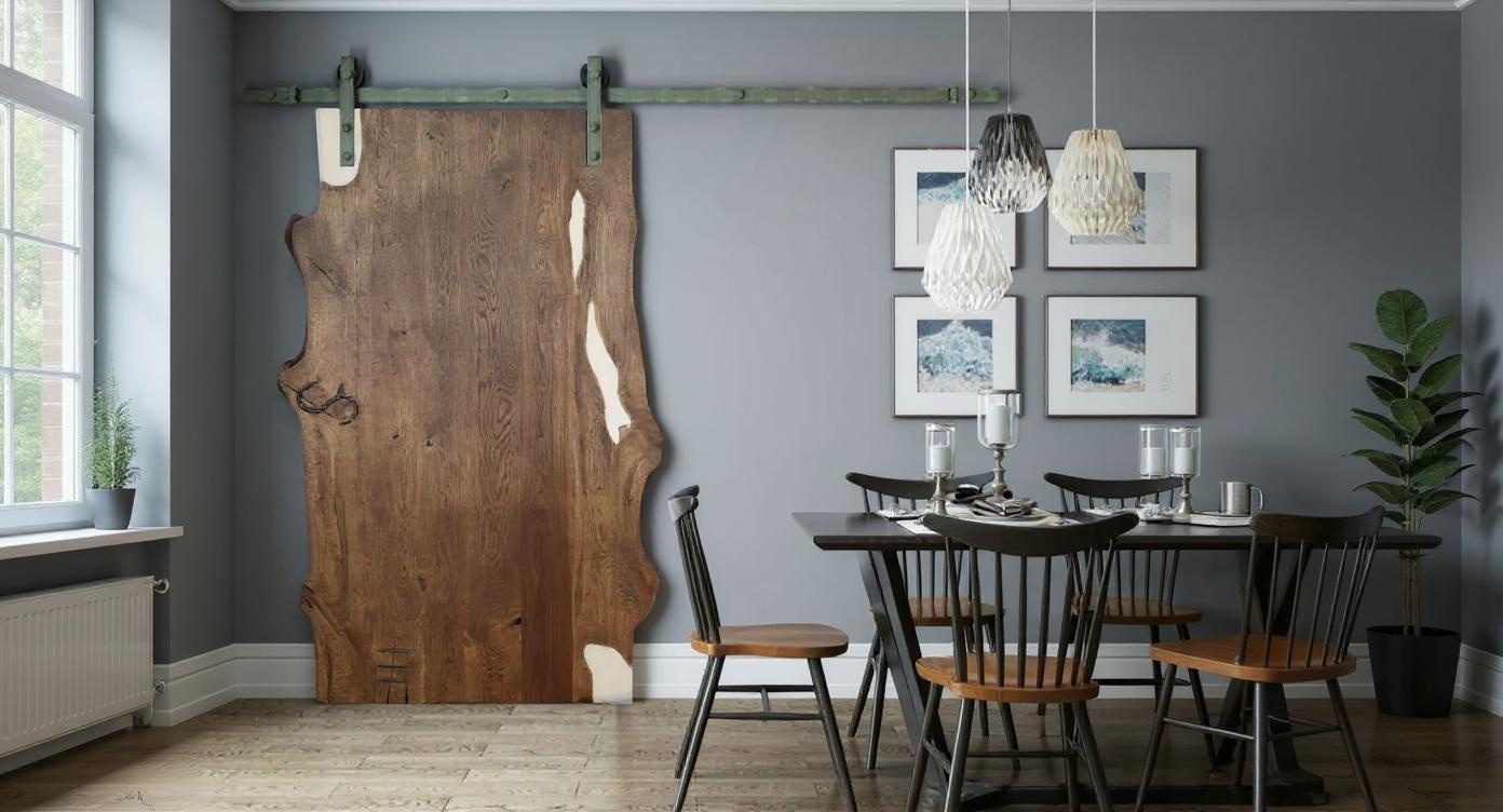 Rustikale Eichen-Holz-Schiebetür mit lebensechter Epoxidharz-Optik