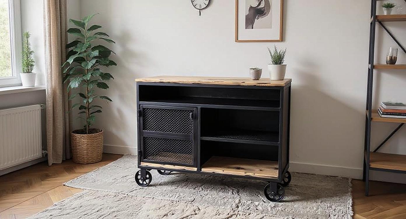 Rustikale Eichenholz-Kommode im Barwagen-Design mit Rollen